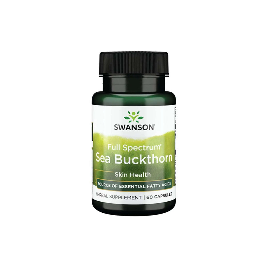 Swanson Full Spectrum Sea Buckthorn supplement bottle promoting skin and gastric health with essential fatty acids, 60 capsules.