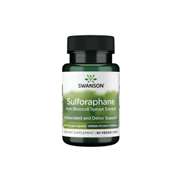 Swanson Green Sulforaphane supplement bottle, featuring broccoli sprout extract for antioxidant and detox support.