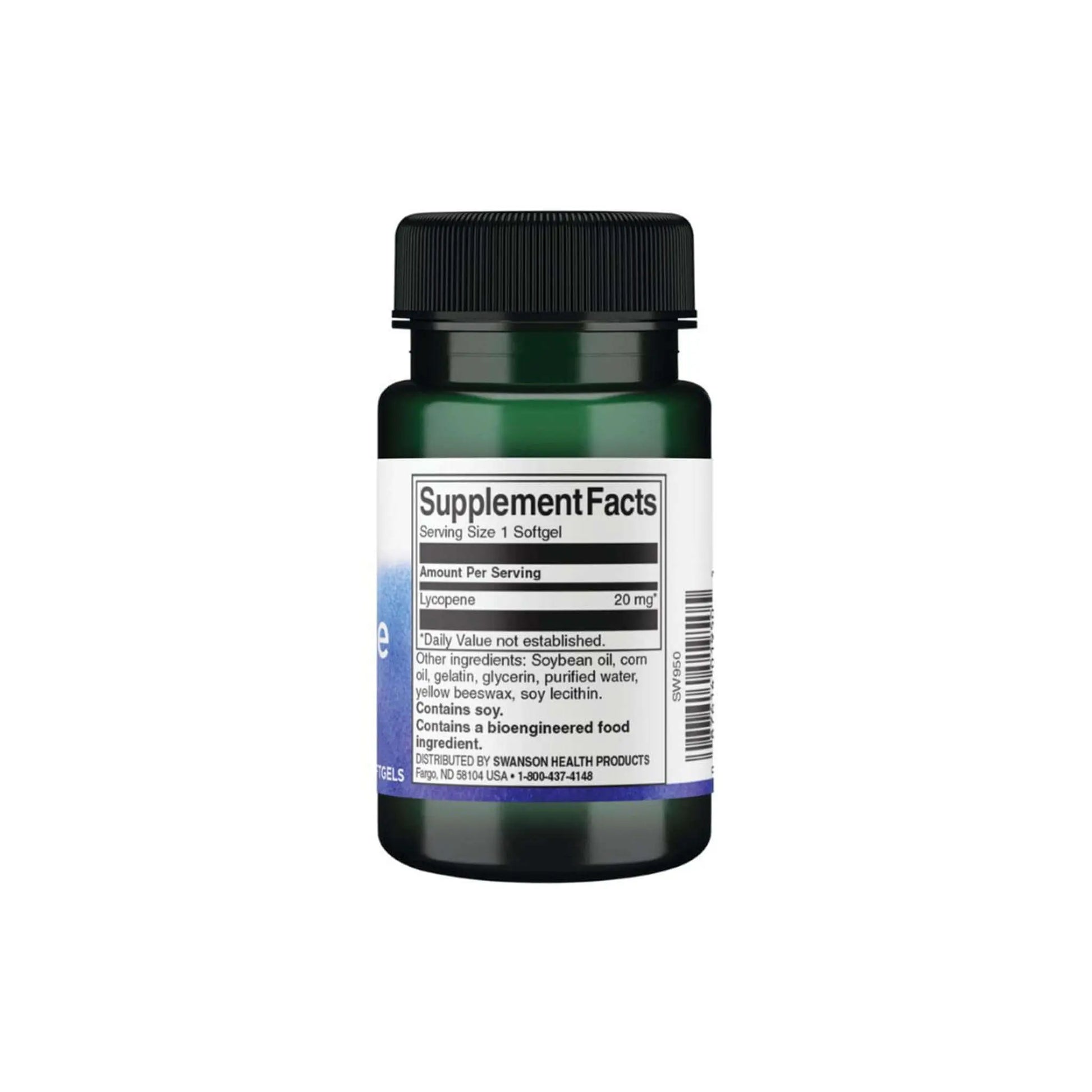 Swanson Lycopene supplement bottle displaying supplement facts and 20 mg lycopene per serving.