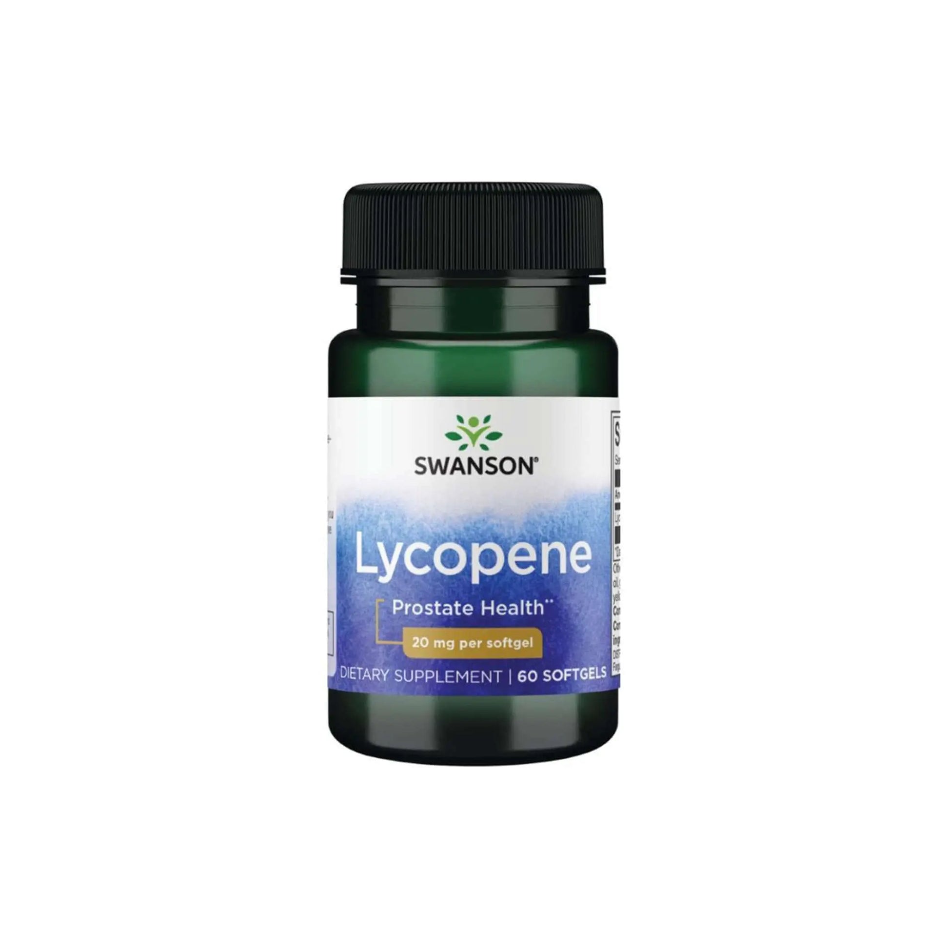 Swanson Lycopene bottle, 20 mg softgels for prostate health, dietary supplement, 60 capsules per bottle.
