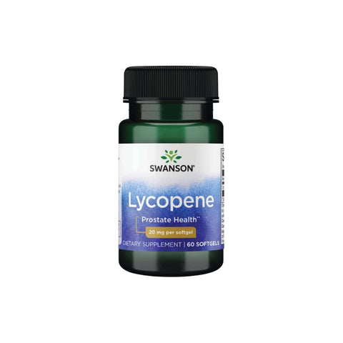 Swanson Lycopene bottle, 20 mg softgels for prostate health, dietary supplement, 60 capsules per bottle.