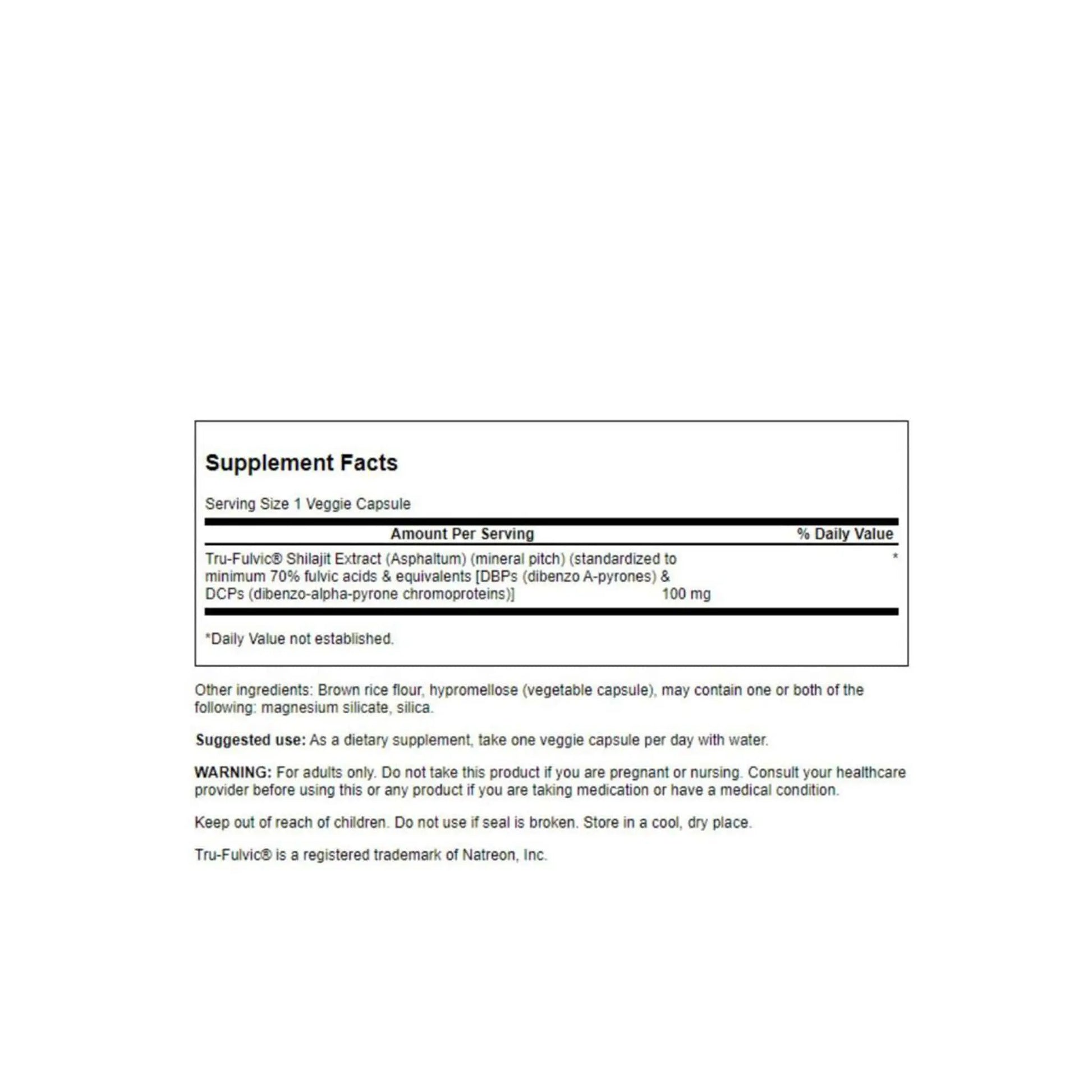 Supplement facts for Swanson Shilajit Extract Extra Strength, detailing ingredients and serving size per capsule.