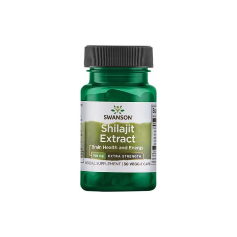 Swanson Shilajit Extract Extra Strength bottle for brain health and energy, containing 30 veggie capsules.