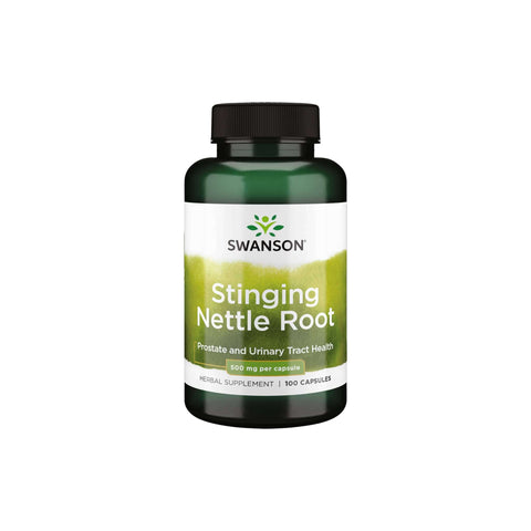 Swanson Stinging Nettle Root bottle, 500 mg herbal supplement for prostate and urinary health, 100 capsules.