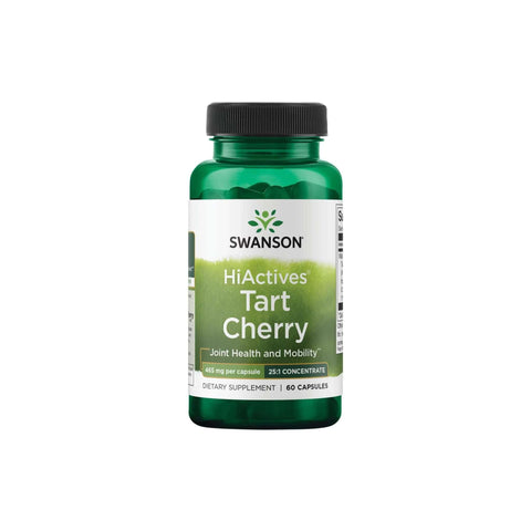 Swanson Tart Cherry supplement bottle for joint health and mobility, 60 capsules, featuring HiActives formula.