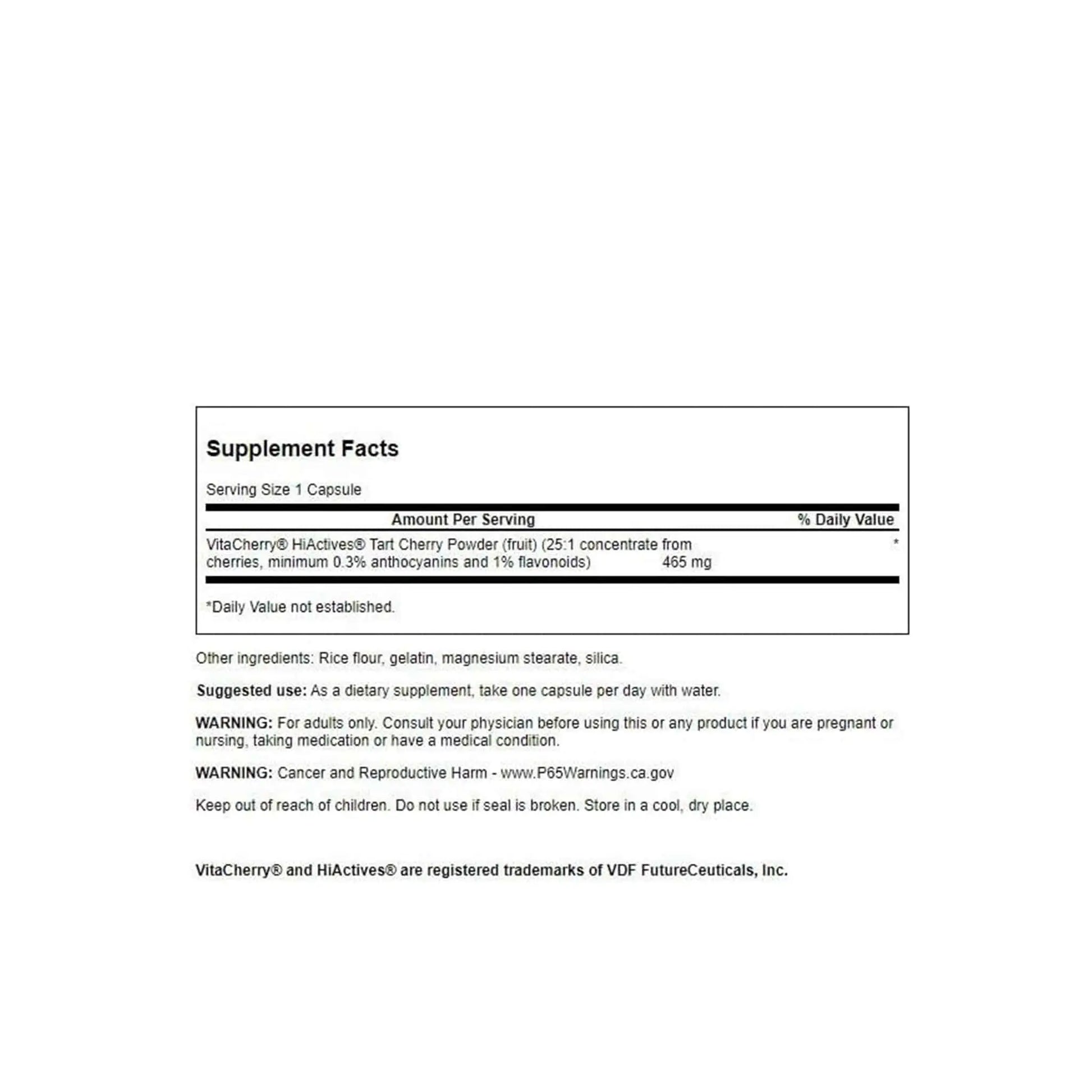 Supplement facts for Vitac cherry tart cherry powder capsules, highlighting serving size and ingredients.