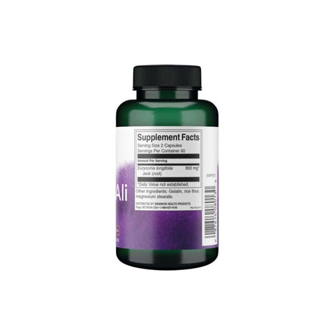 Swanson Tongkat Ali herbal supplement bottle for sexual health, featuring 120 capsules in a green container.