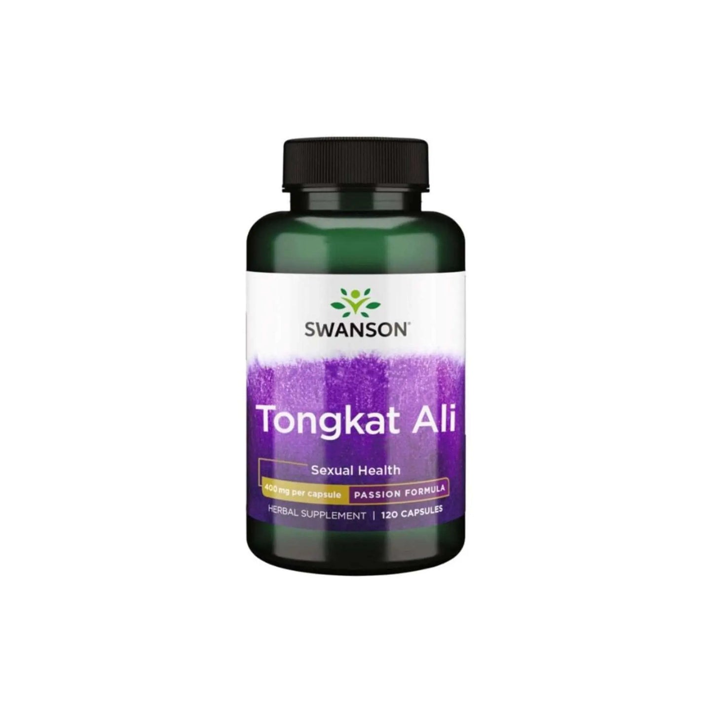 Swanson Tongkat Ali herbal supplement bottle for sexual health, featuring 120 capsules in a green container.