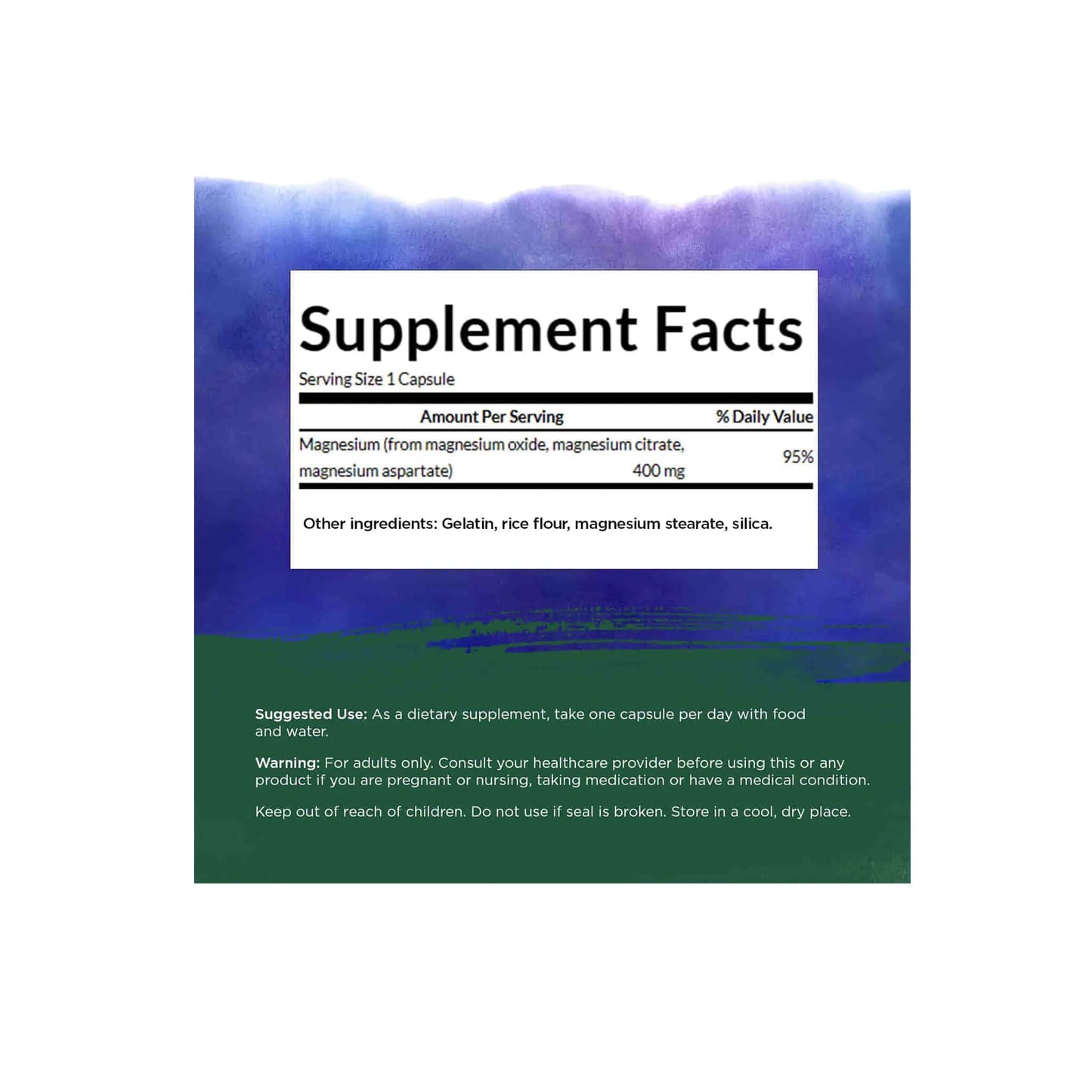 Swanson Triple Magnesium Complex supplement facts label showing magnesium content and other ingredients information.