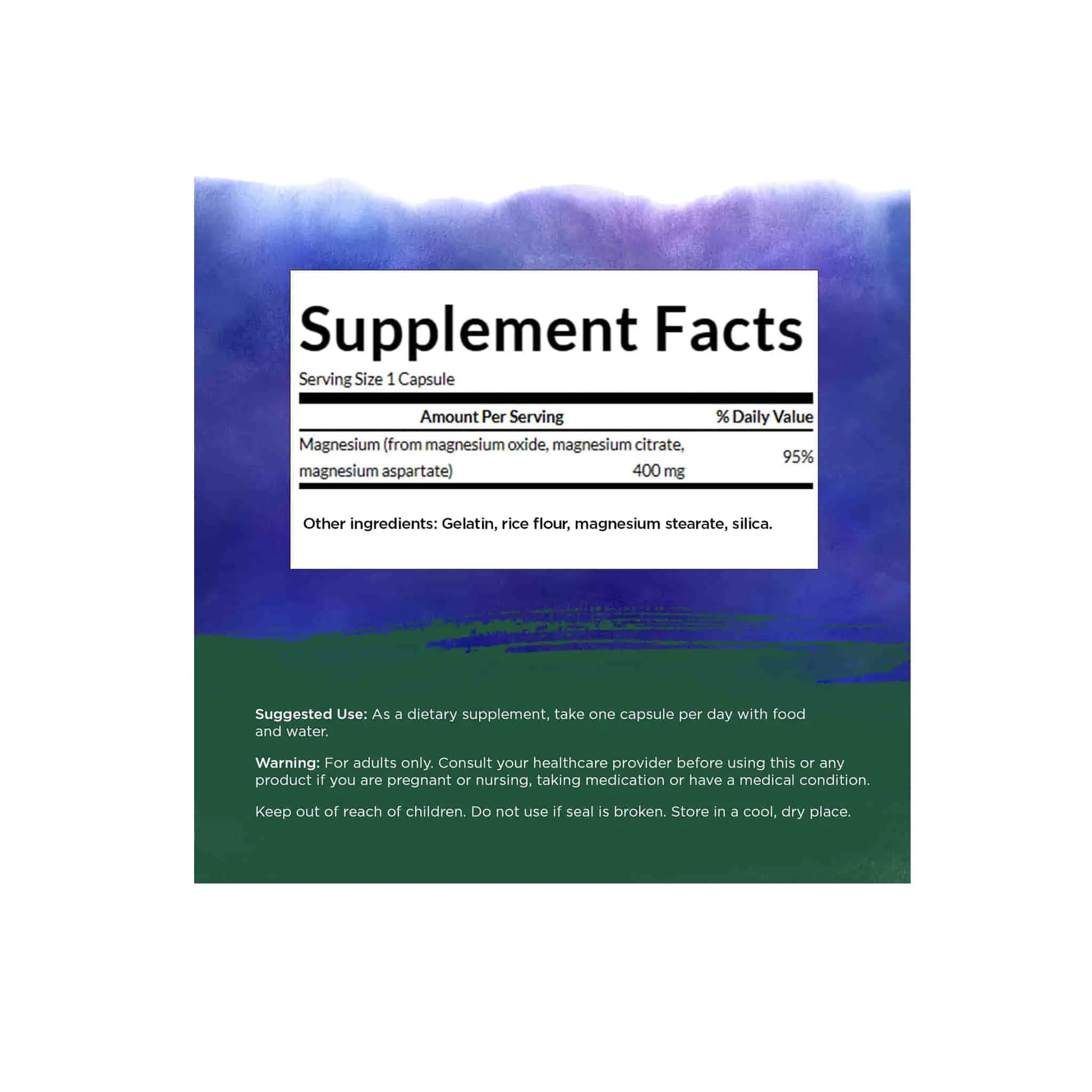 Swanson Triple Magnesium Complex supplement facts label showing magnesium content and other ingredients information.