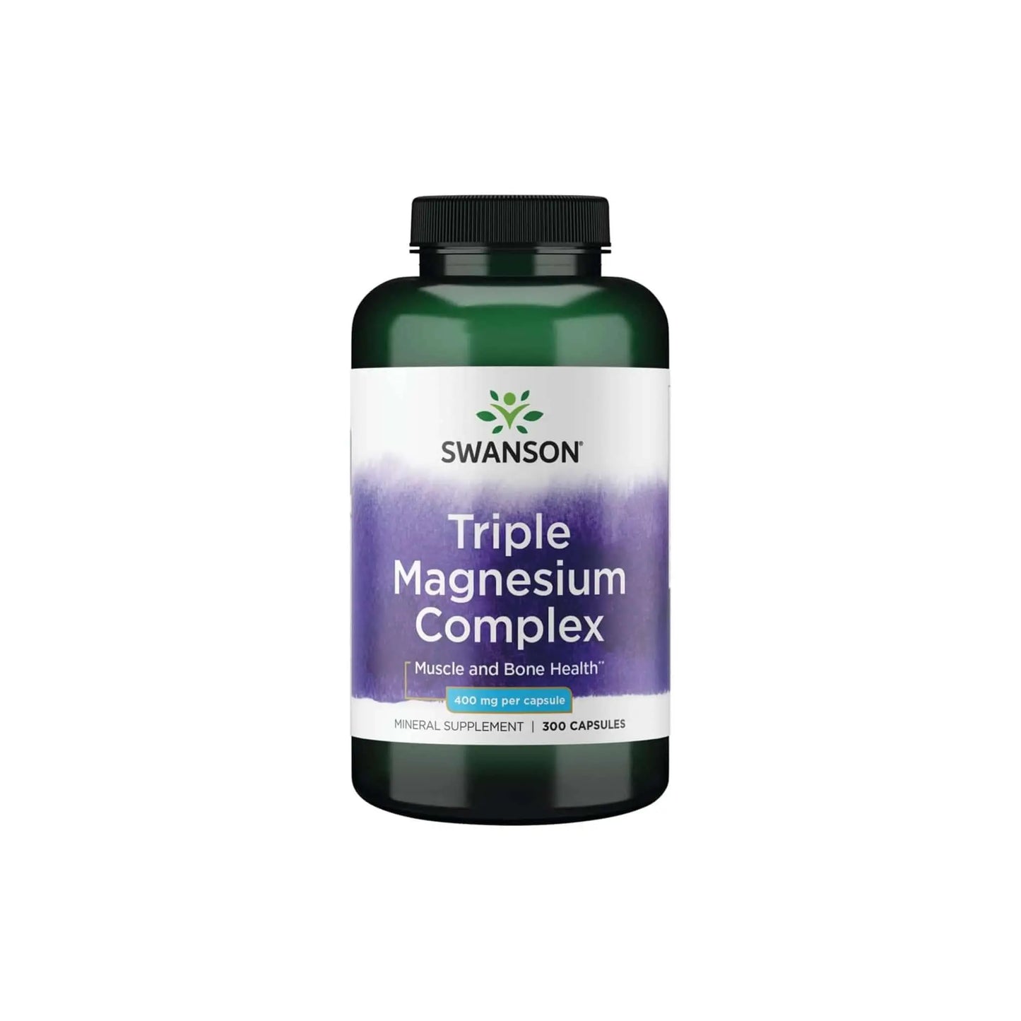 Swanson Triple Magnesium Complex supplement bottle for muscle and bone health, 300 capsules, 400 mg per capsule.