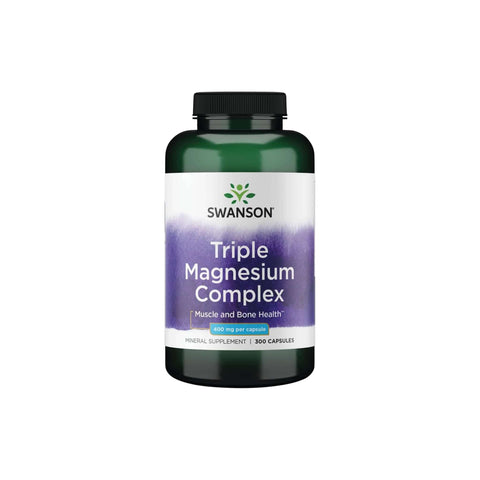 Swanson Triple Magnesium Complex supplement bottle for muscle and bone health, 300 capsules, 400 mg per capsule.
