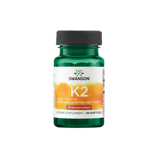 Swanson Ult Natural Vitamin K2 supplement bottle for bone and cardiovascular health, featuring 30 sunflower oil-based softgels.