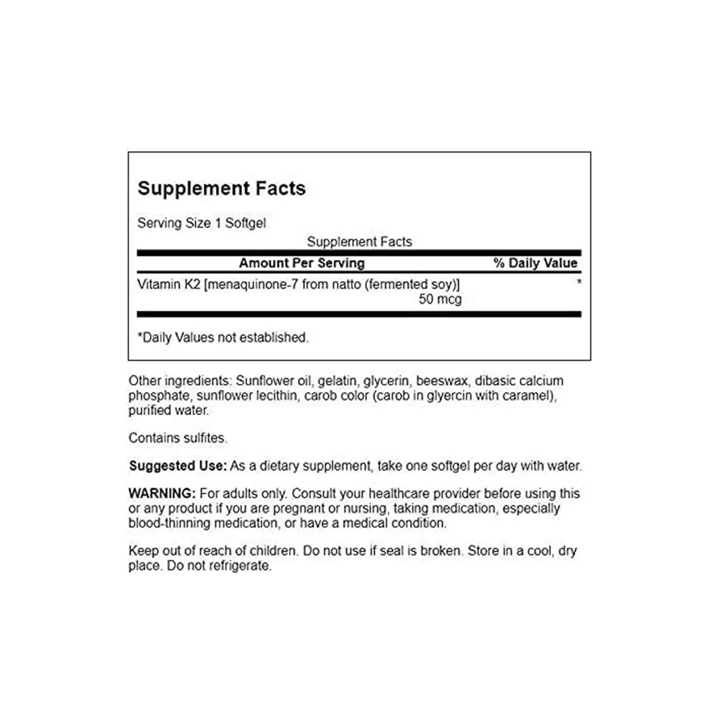 Supplement facts for Swanson Ult Natural Vitamin K2 softgel, including vitamin K2 content and usage instructions.
