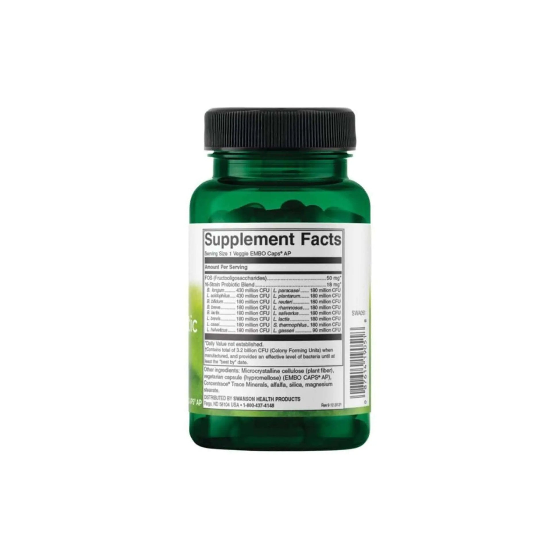 Supplement facts label of Swanson Ultimate 16 Strain Probiotic in a green bottle for health benefits.