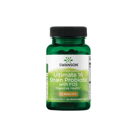 Swanson Ultimate 16 Strain Probiotic supplement bottle for digestive health, containing 60 veggie capsules with 3.2 billion CFU.