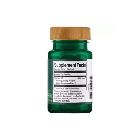 Swanson Real Food K2 vitamin supplement bottle for strong bones and cardiovascular health, 30 softgels.