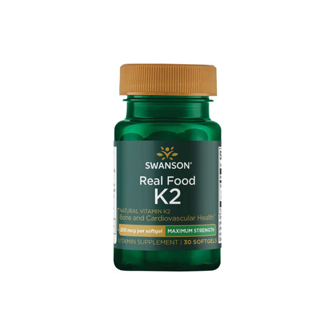 Swanson Real Food K2 vitamin supplement bottle for strong bones and cardiovascular health, 30 softgels.