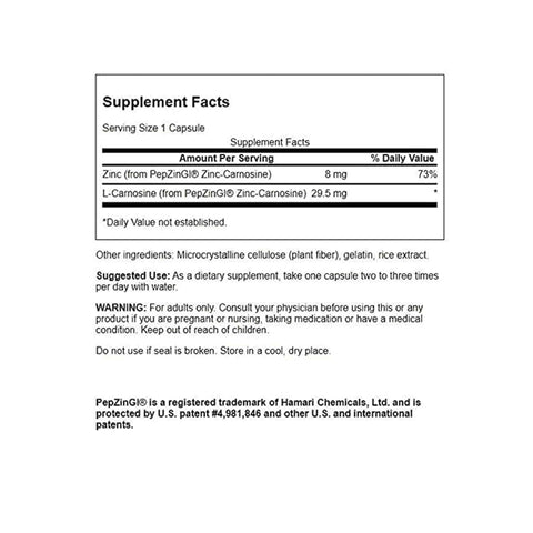 Swanson Zinc Carnosine dietary supplement bottle with 60 capsules for digestive health featuring PepZinGI.