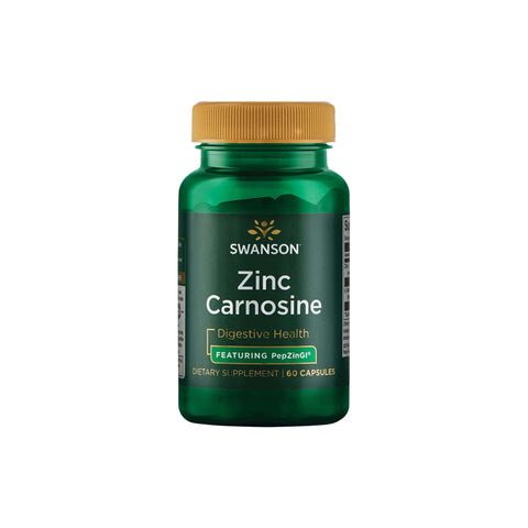 Swanson Zinc Carnosine dietary supplement bottle with 60 capsules for digestive health featuring PepZinGI.
