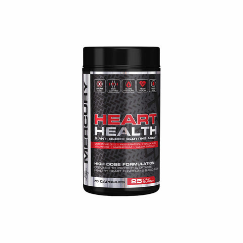 Mercury Heart Health supplement bottle, designed to support cardiovascular wellness and prevent blood clotting.
