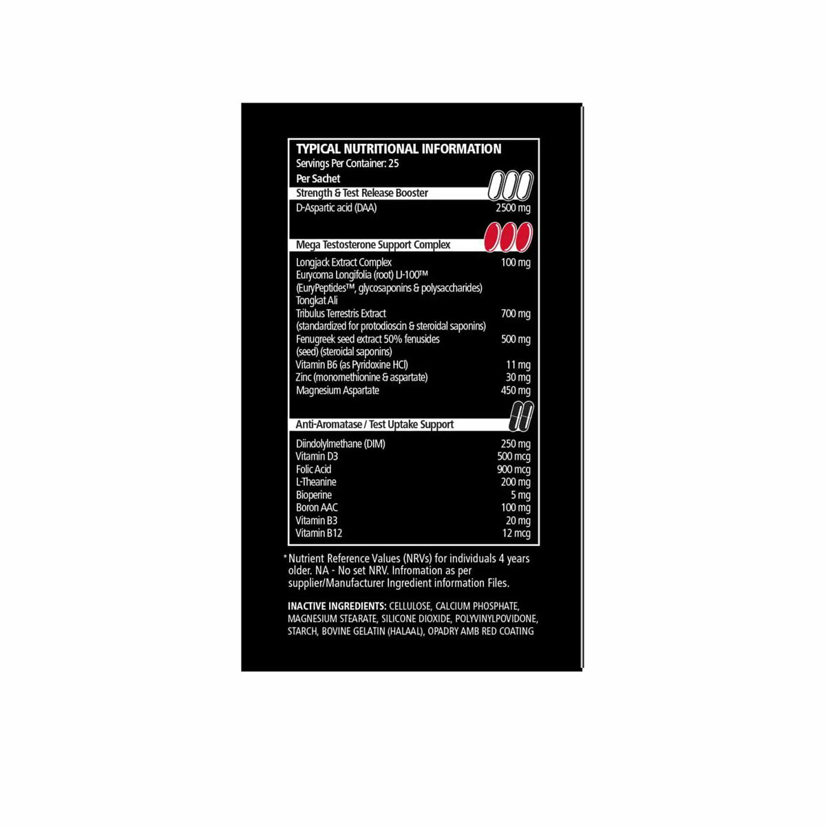 Nutritional information panel for TNT Mercury Anabolic Beast supplement showcasing key active ingredients and dosages.