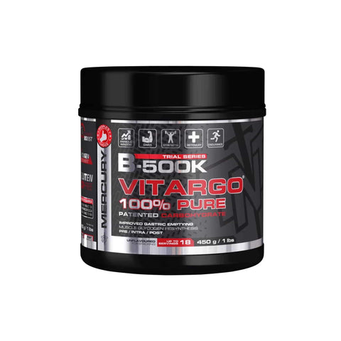 TNT Mercury B-500K Vitargo 100% Pure carbohydrate supplement in black container for rapid glycogen replenishment.