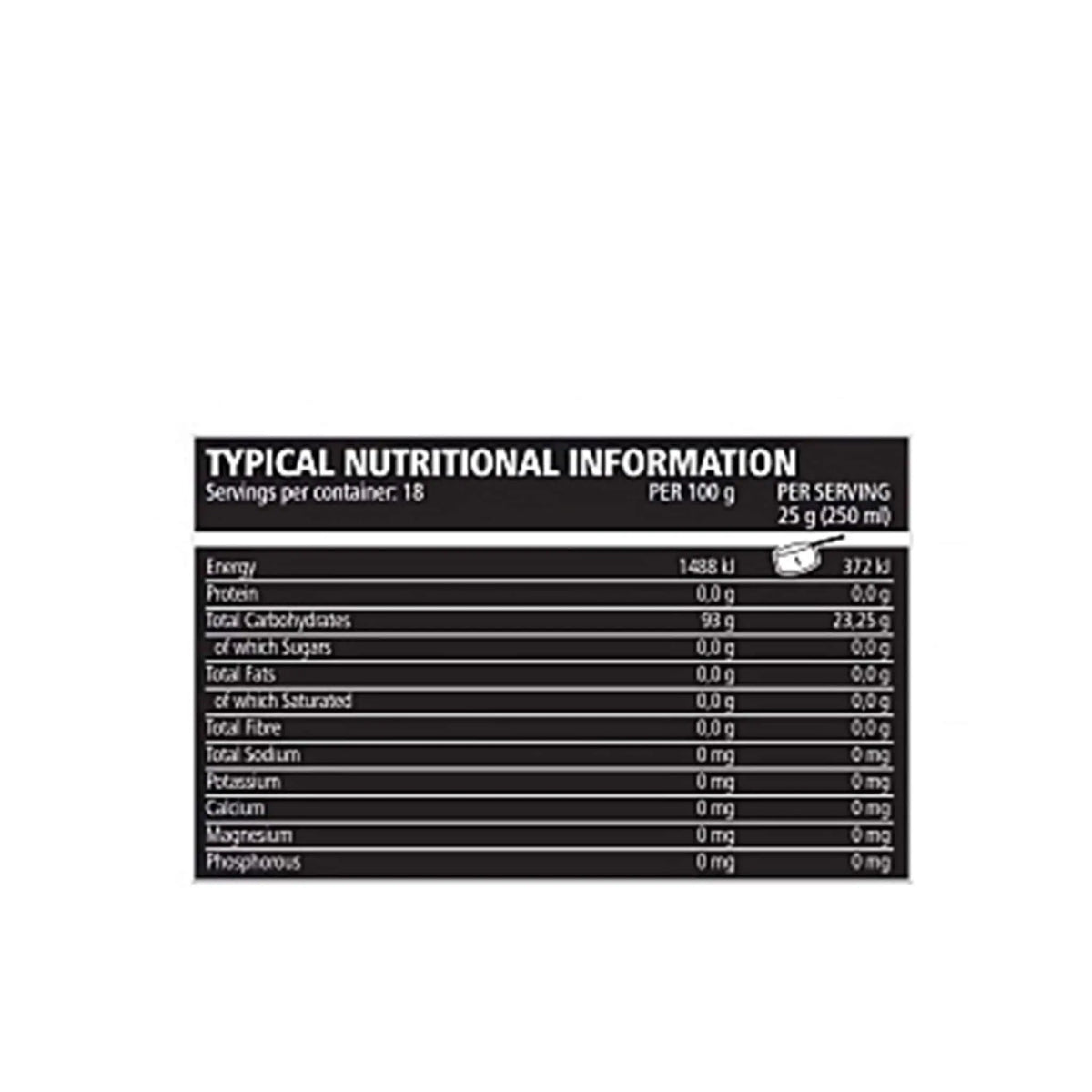 Nutritional information label for TNT Mercury B-500K Vitargo, showing details per serving and per 100g.