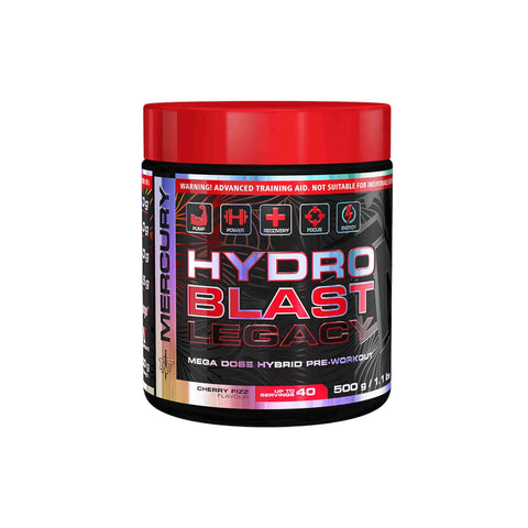 TNT Mercury Hydroblast Legacy pre-workout supplement in Cherry Razz flavor, 500g container, designed for enhanced energy and performance.