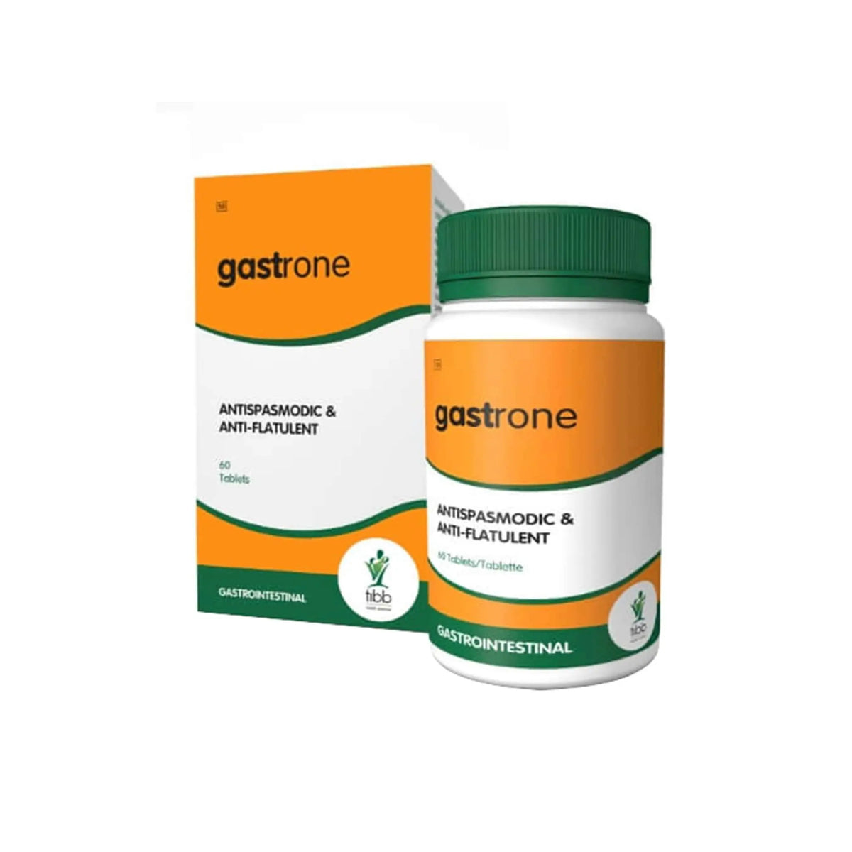 Tibb Gastrone antispasmodic and anti-flatulence supplement with packaging and bottle displayed.