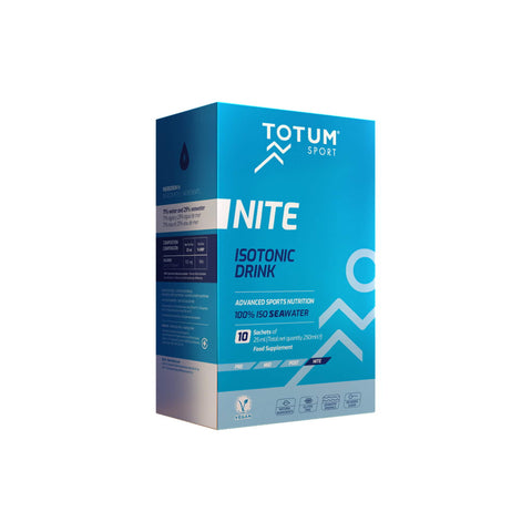 Totum Sport Nite isotonic drink box with 100% seawater, promoting hydration, muscle recovery, and improved sleep quality.
