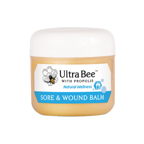 Ultra Bee Sore & Wound Balm in a jar for natural skin healing and nourishment, effective for wounds and irritations.