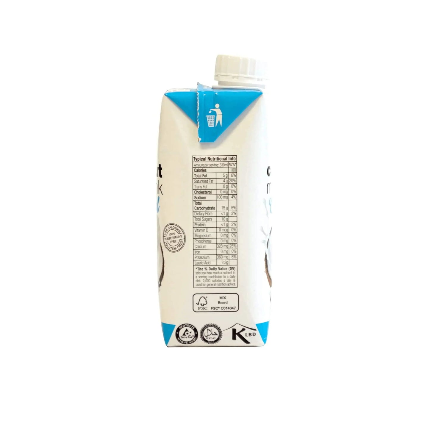 Venga Coconut Milk carton side view showcasing nutritional information and packaging details. Dairy-free and Halaal certified.