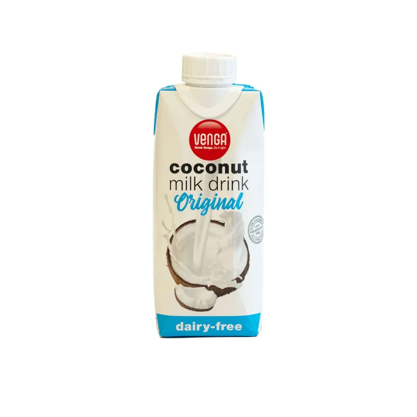 Venga Coconut Milk drink packaging, dairy-free, original flavor, 220 calories, Halaal certified, nutrient-rich beverage.
