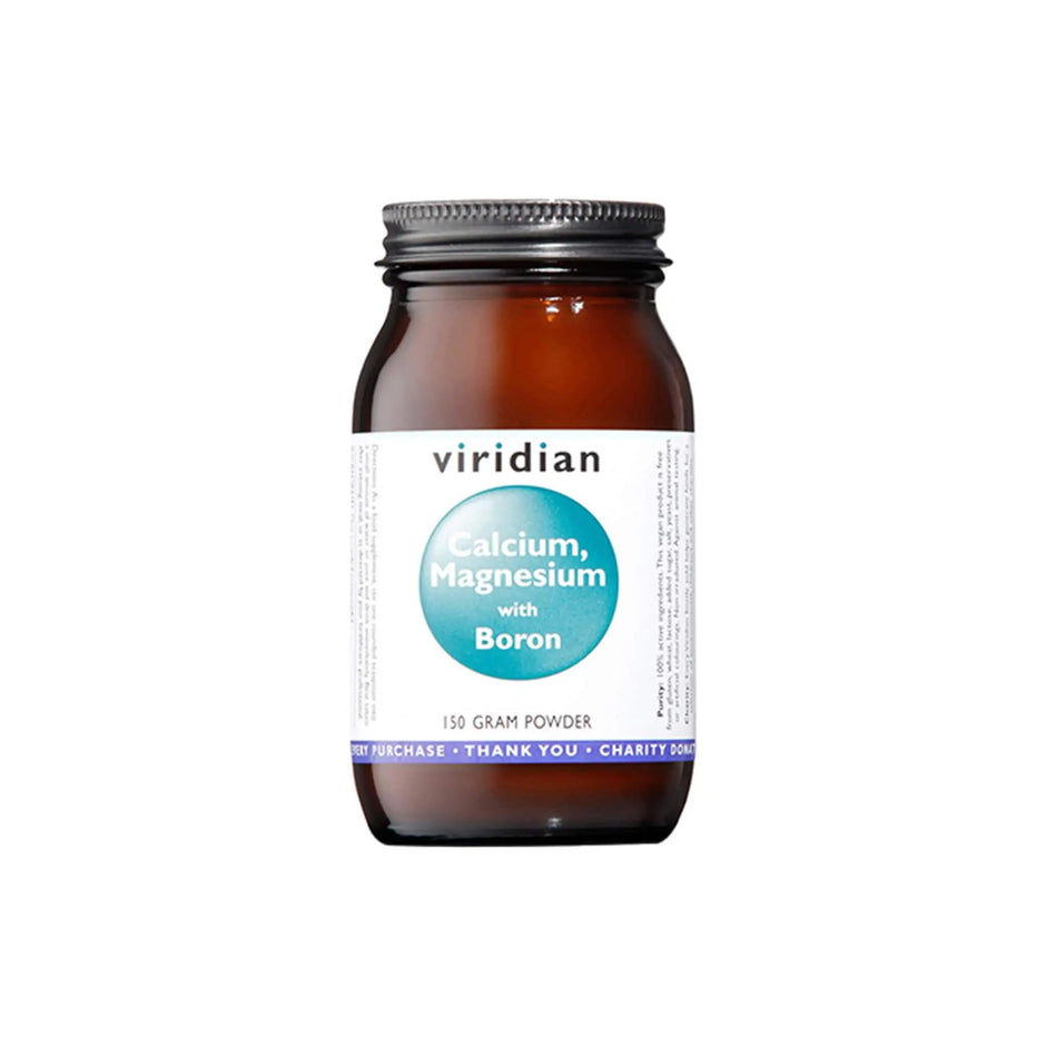 Viridian Calcium, Magnesium with Boron Powder in a brown glass jar, 150 grams, promoting bone and teeth health.