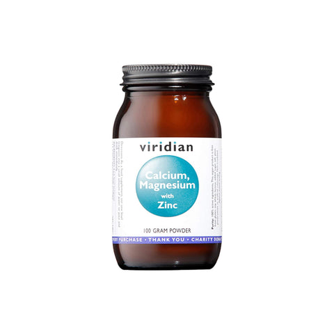 Viridian Calcium, Magnesium with Zinc powder in a clear glass jar, promoting bone and teeth health.