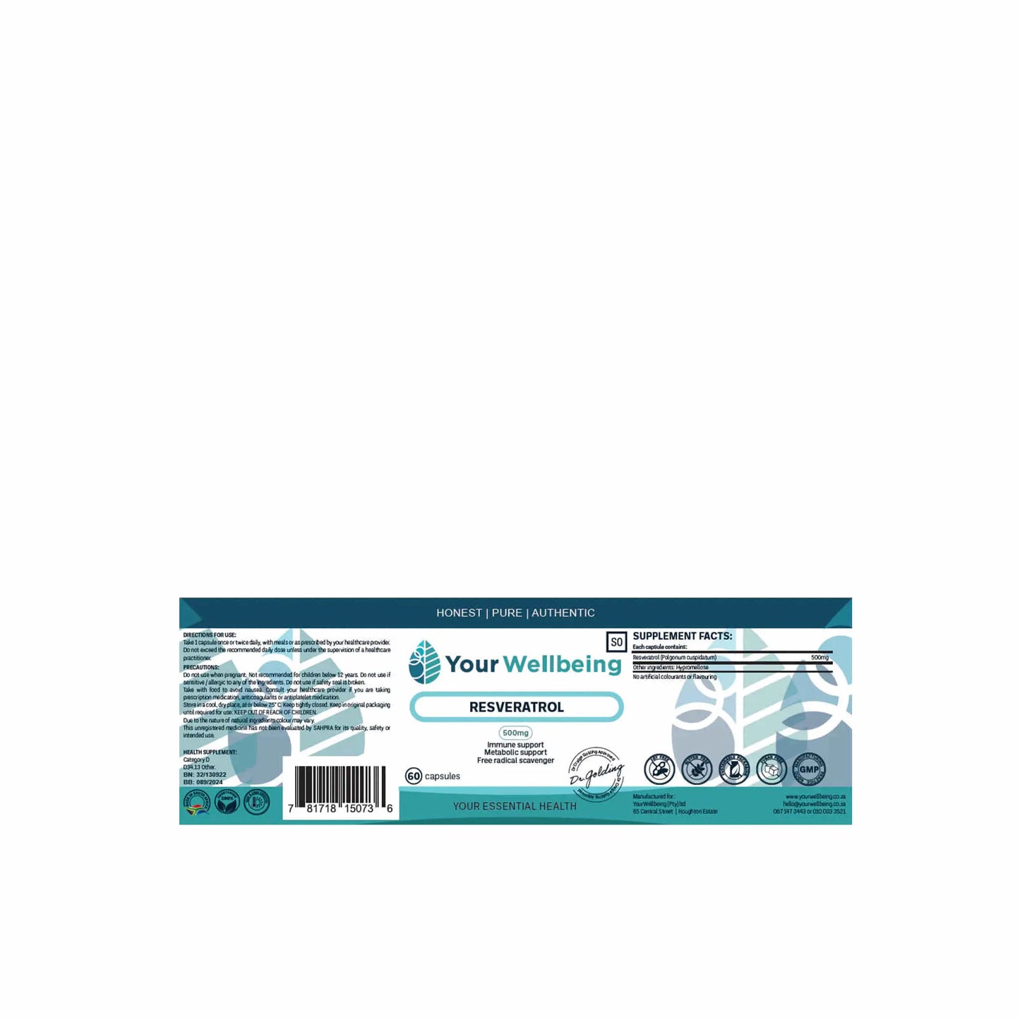 Your Wellbeing Resveratrol supplement label showcasing ingredients and health benefits.