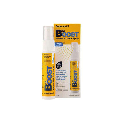 BetterYou Vitamin B12 Boost oral spray 100mg packaging and spray bottle for quick absorption of nutrients.