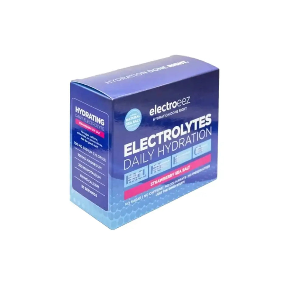 Blue rectangular box of electroeez electrolytes daily hydration 30’s in strawberry sea salt flavour tablets