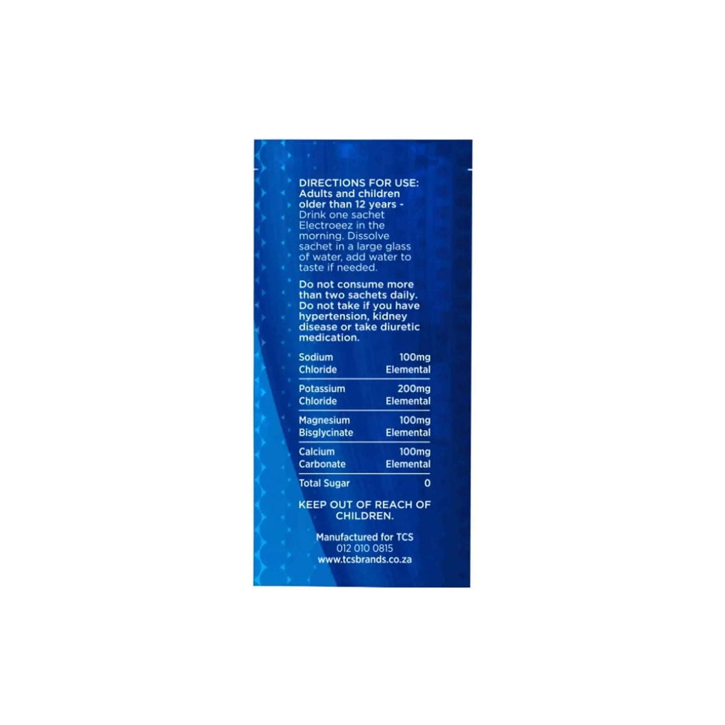 Ingredients and usage directions for Electroeez Electrolytes Daily Hydration strawberry sea salt sachet.