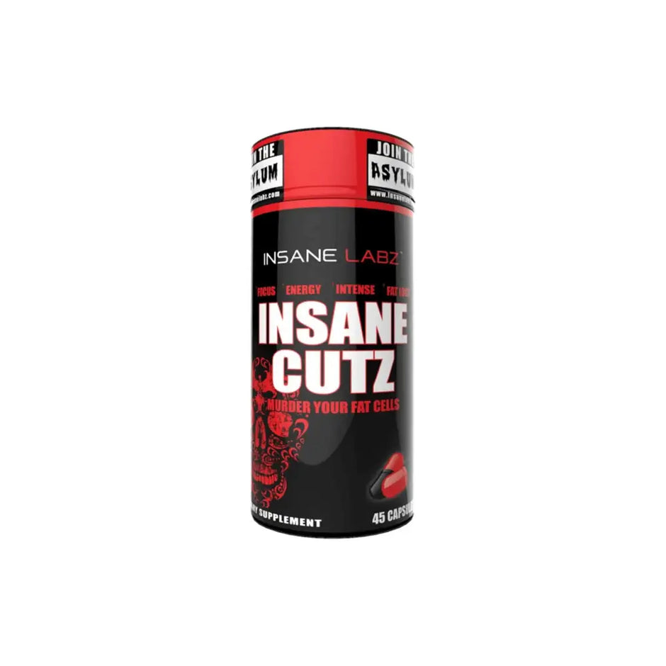 Black cylindrical container with red lid labeled insane labz insane cutz fat burner for mental clarity and sports nutrition