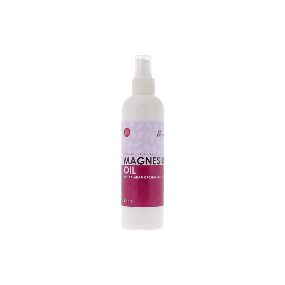 Lifematrix transdermal magnesium oil spray 250ml white plastic bottle with purple pink label for muscle function
