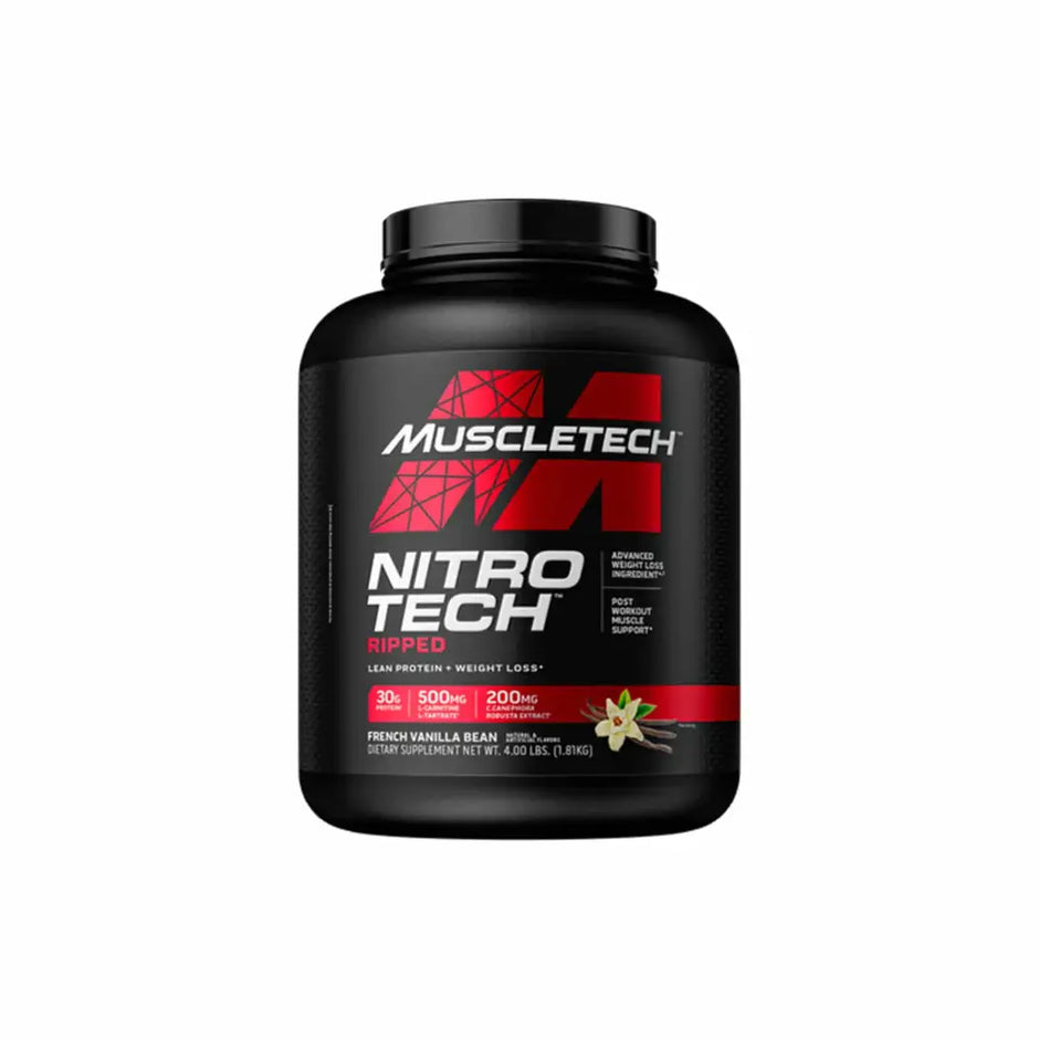 MuscleTech Nitro-Tech Ripped Performance Series 1.8kg black container with french vanilla bean protein powder