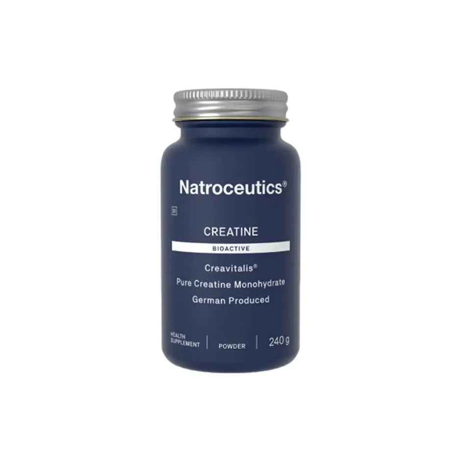 Dark blue natroceutics creatine bioactive bottle with silver cap containing 240g pure creatine monohydrate supplement