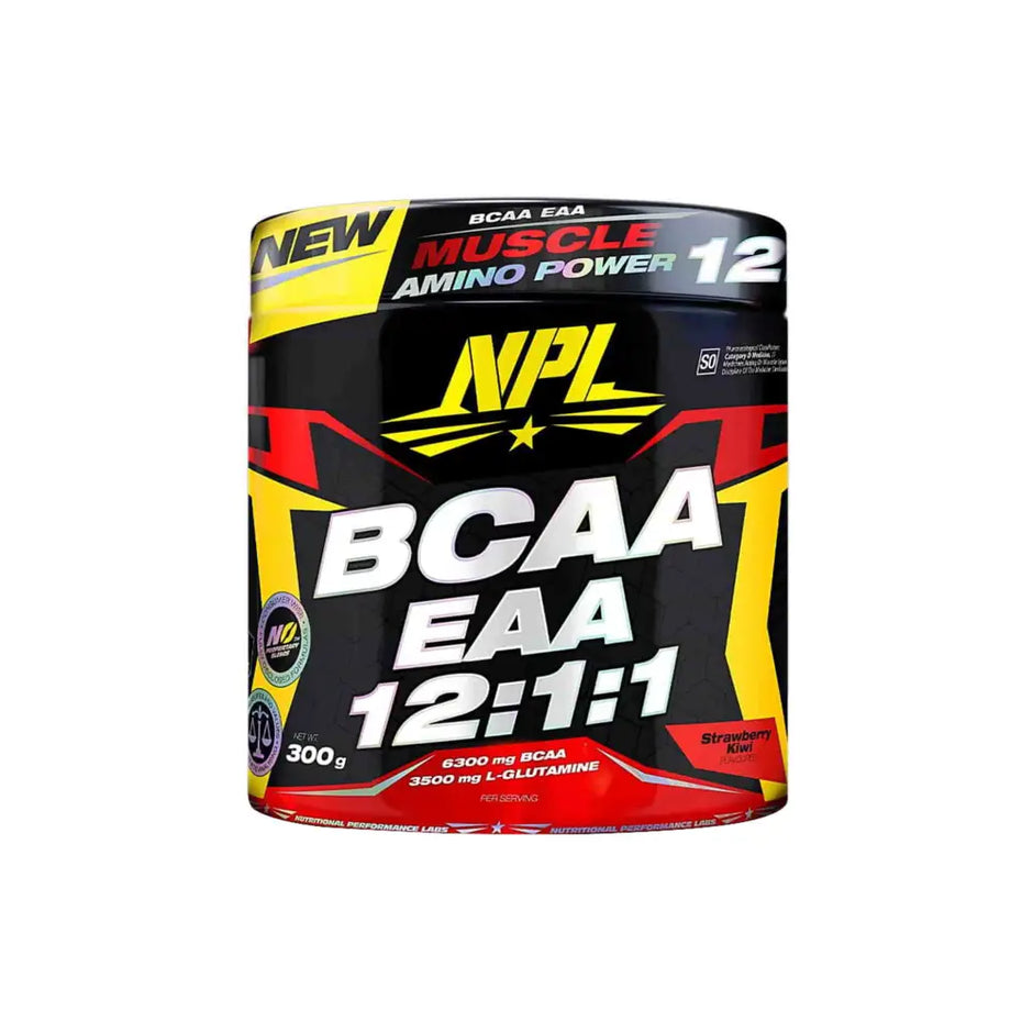 Npl bcaa eaa 20 serving essential amino acids supplement container in black red and yellow with strawberry kiwi flavor