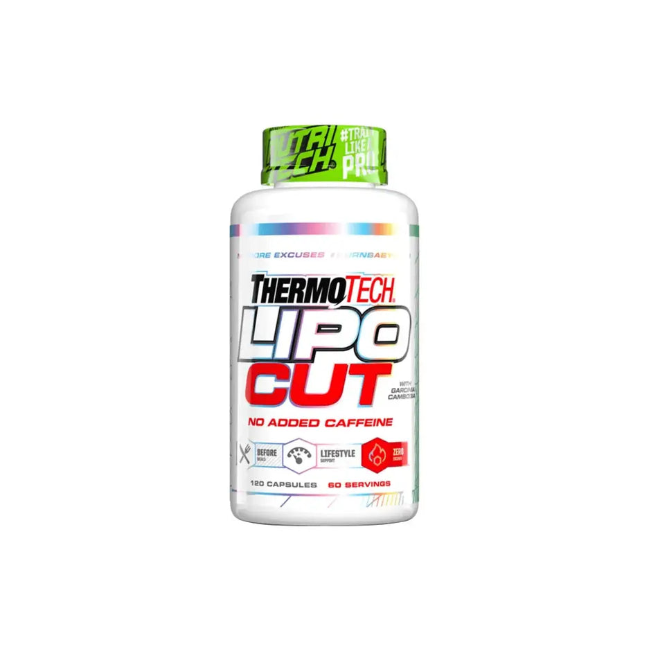 White plastic bottle of nutritech lipocut thermogenic supplement with bright green cap and colorful label featuring garcinia cambogia and choline bitartrate