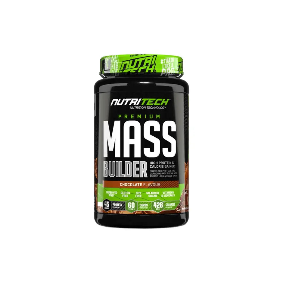 Black plastic container of Nutritech Premium Mass Builder 1.5kg chocolate flavor protein powder for hard gainers and calorie intake