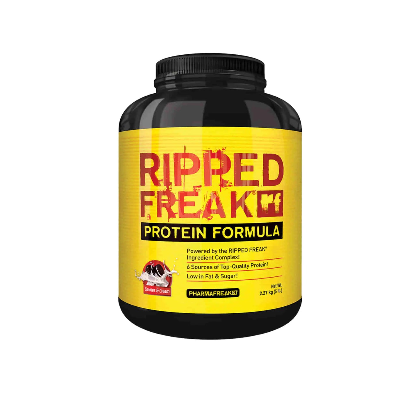PharmaFreak Ripped Freak Protein formula in a black and yellow container, featuring five protein sources for muscle growth.