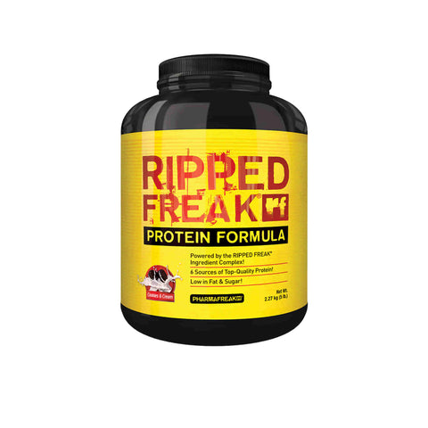 PharmaFreak Ripped Freak Protein formula in a black container, showcasing low fat and sugar with six quality protein sources.