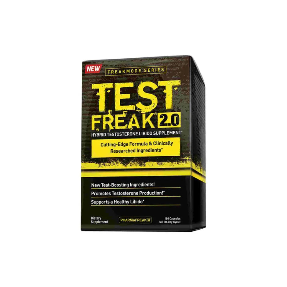 Pharmafreak test freak 2.0 hybrid testosterone libido supplement in black and yellow packaging by pharm freakz